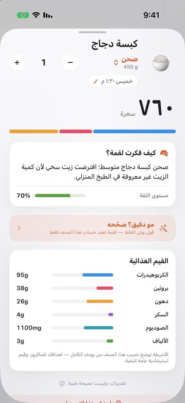 تفاصيل تقدير كبسة دجاج الفاتحة في لقمة مع الكمية والسعرات والتفسير والثقة